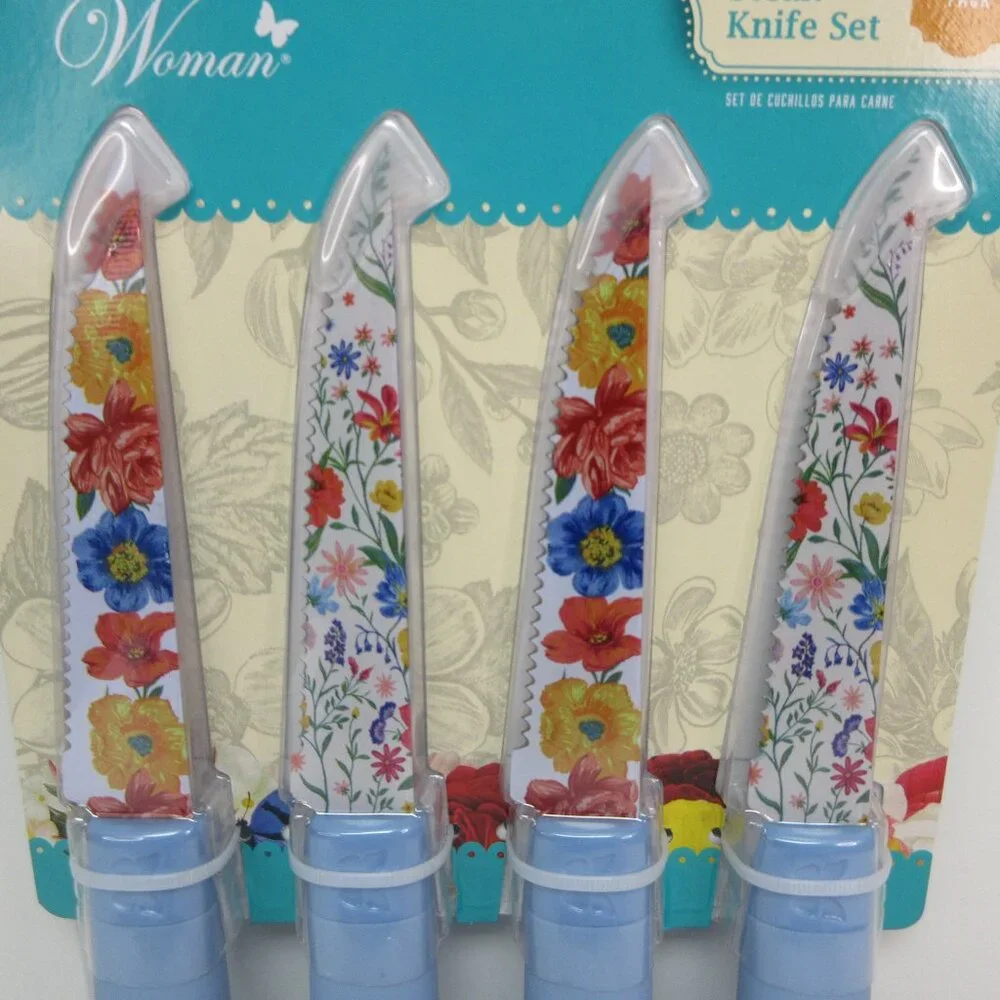 Pioneer Woman Steak Knife Set 4pc Brilliant Blooms Floral Blue Stainless Steel